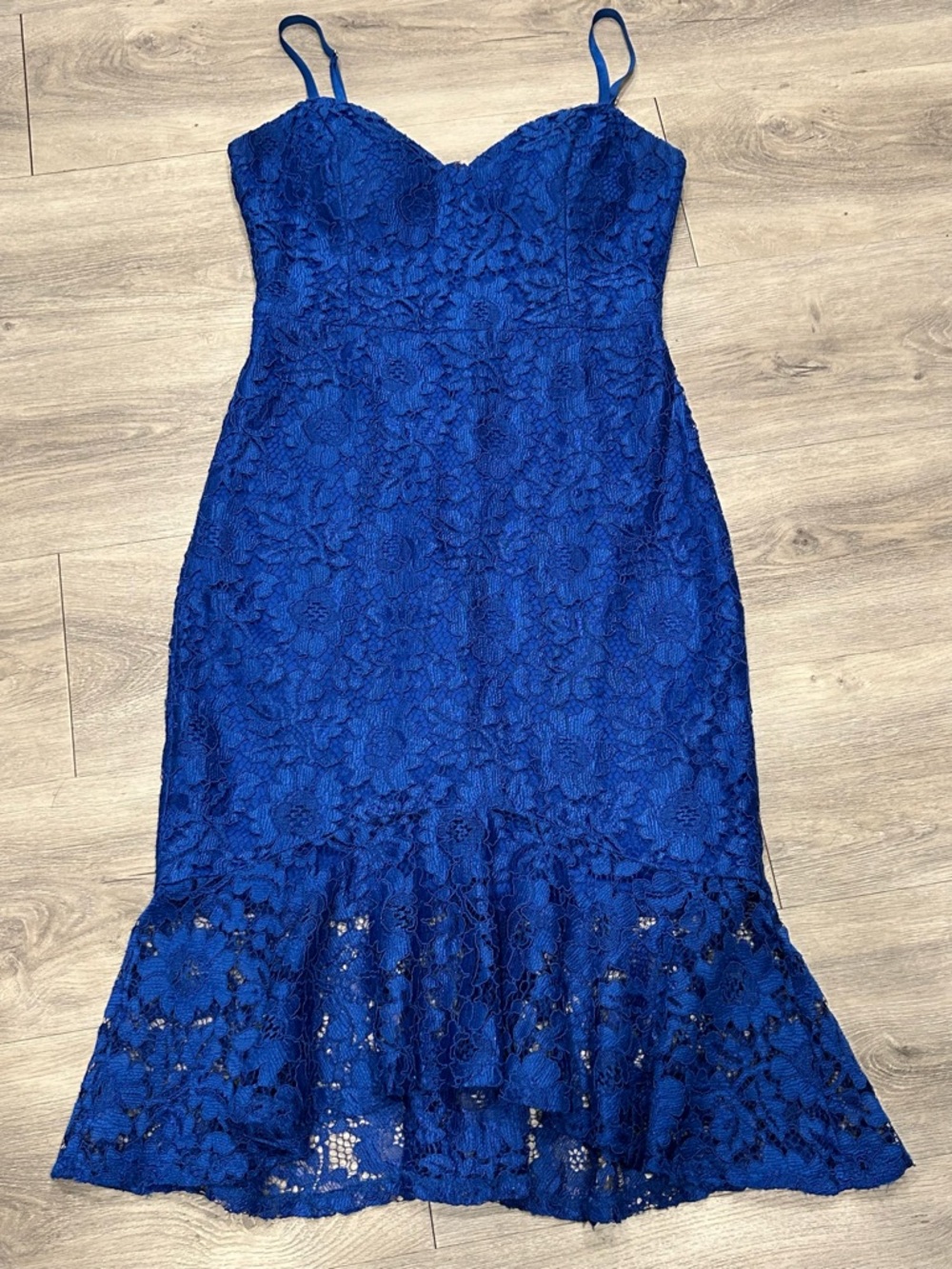 Guess Royal Blue Lace Midi Dress with Spaghetti Straps